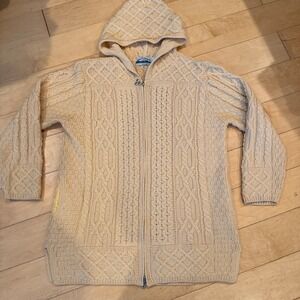 Aran Crafts Cardigan Large Ireland Cable Knit Merino Wool Zip Hooded Jacket